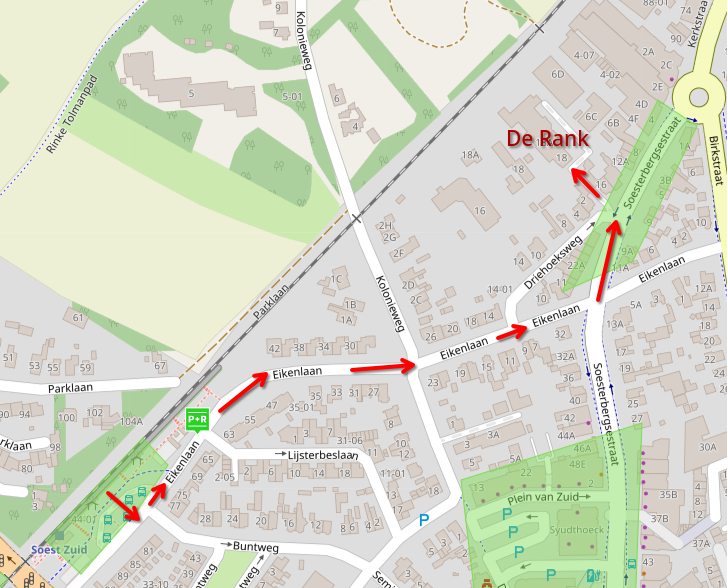 route van station soest zuid naar cultureelcentrum de rank